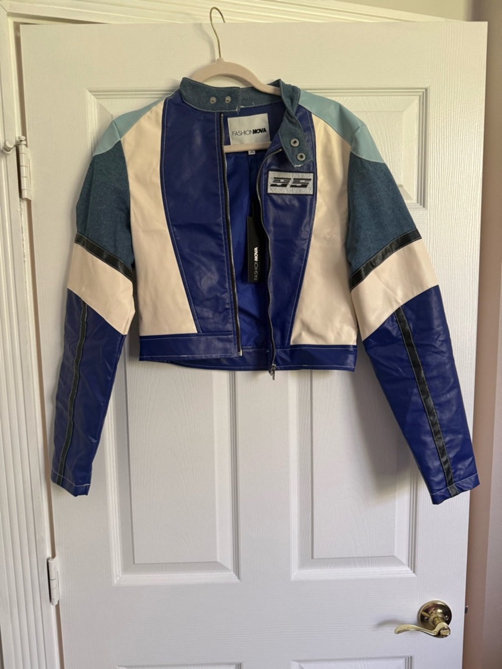 Fashion Nova Blue, White & Light Blue Panelled Cropped Moto Jacket